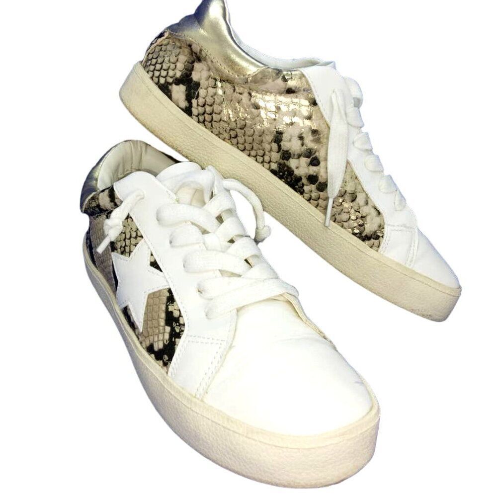 Madden Girl Womens White & Gold Snake Designer Sneakers - Size 8